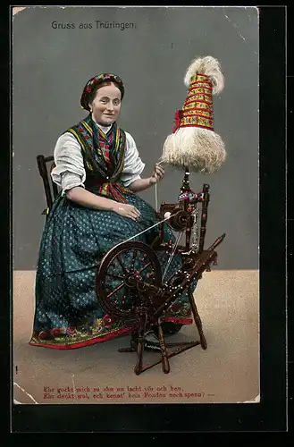 AK Frau arbeitet am Spinnrad in thüringischer Tracht