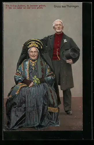 AK Mann und Frau posieren in thüringischer Tracht
