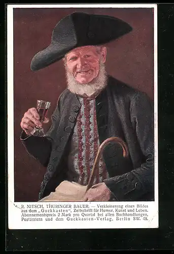AK Bauer beim Trinken in thüringischer Tracht