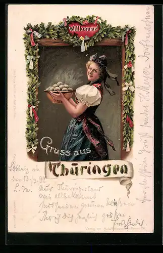 Lithographie Charmantes Klossmädel in thüringischer Tracht
