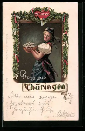 Lithographie Lächelnde Frau serviert Klösse in thüringischer Tracht