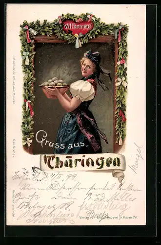 Lithographie Junge Frau mit Klössen in thüringischer Tracht
