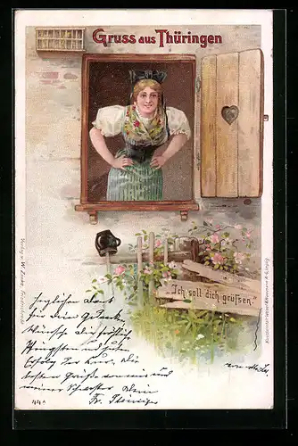 Lithographie Junge Frau grüsst aus dem Fenster in thüringischer Tracht