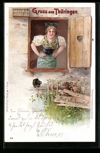 Präge-Lithographie Junge Frau schaut aus dem Fenster in thüringischer Tracht
