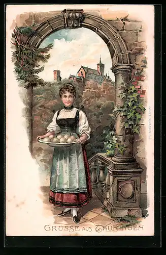 Präge-Lithographie Junge Frau mit Festtags-Essen, thüringische Tracht