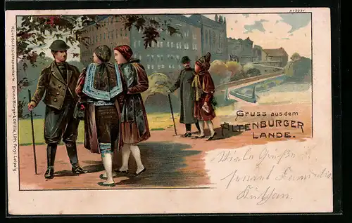 Lithographie Spaziergänger in thüringischer Tracht