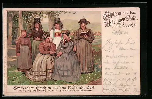 Lithographie Junge Frauen posieren in thüringischer Tracht