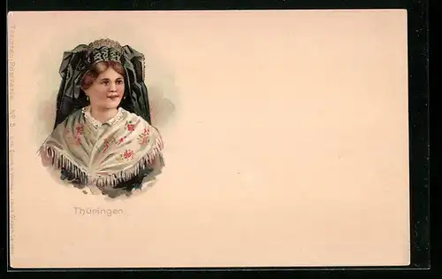 Lithographie Portrait einer jungen Frau in thüringischer Tracht