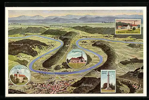 Künstler-AK Eugen Felle: Volkach, Brauerei Kaltenhausen, Schloss Halburg, Ortsansicht mit beiliegenden Orten