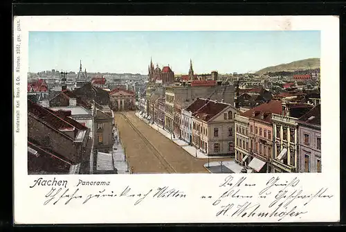 AK Aachen, Panorama, Gebäude mit leuchtenden Fenstern