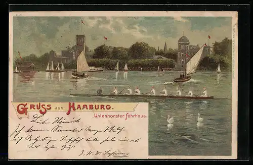 Lithographie Hamburg, Uhlenhorster Fährhaus mit Booten