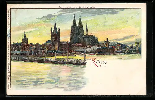 Lithographie Köln, Panorama v. d. Schiffsbrücke