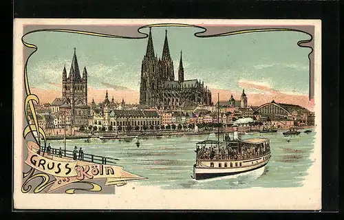 Lithographie Köln, Rheinpartie mit Dampfer