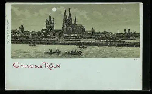 Mondschein-Lithographie Köln, Flusspartie mit Booten