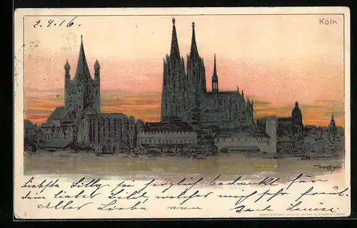Künstler-AK Köln, Rheinpartie mit Dom