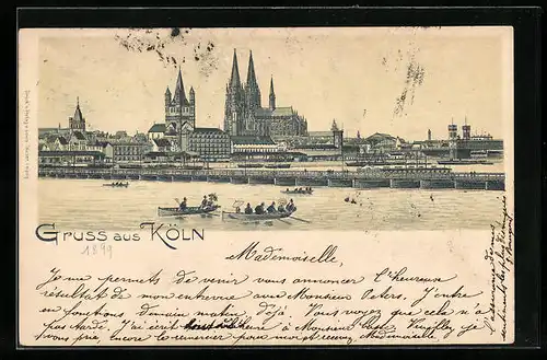 Lithographie Köln, Rheinpartie mit Booten und Dom