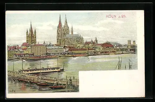 Künstler-AK Köln a. Rh., Flusspartie mit Dom