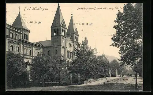 AK Bad Kissingen, Prinz-Regenten-Strasse mit evang. Kirche