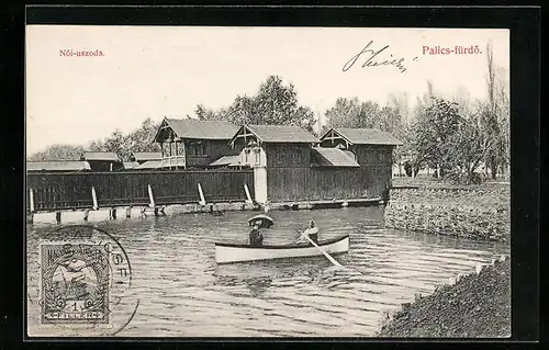 AK Palics-fürdö, Noi-uszoda, Teich mit Ruderboot