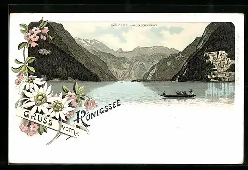 Lithographie Königsee, Panorama vom Malerwinkel aus, Blumenmotiv