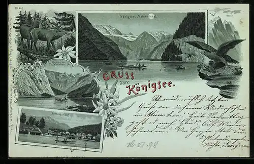 Mondschein-Lithographie Königsee, Panorama vom Malerwinkel aus, Landungsplatz, Obersee m. Teufelshörnern, Adler, Hirsch