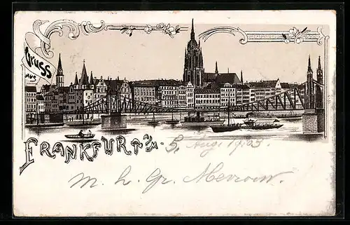 Lithographie Frankfurt a. M., Uferpartie mit Brücke
