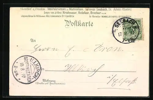 Lithographie Seebach, Gasthaus z. Wolfsbrunnen, Eig. Emil Ronecker, Mummelsee