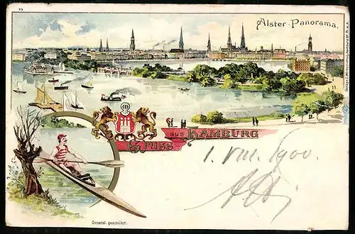 Lithographie Hamburg, Alster Panorama, Kajak-Fahrer