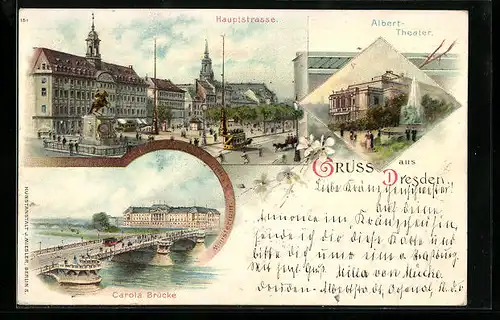 Lithographie Dresden, Hauptstrasse, Albert-Theater, Carola Brücke