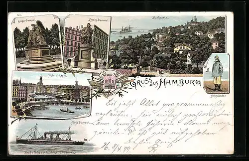 Lithographie Hamburg, Lessing-Denkmal, Alsterarkaden, Blankenese, Helgoländer, Dampfschiff Fürst Bismarck