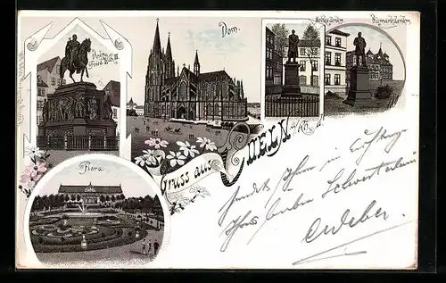Lithographie Coeln a. Rh., Moltkedenkmal, Bismarkdenkmal, Flora, Dom, Denkmal Friedrich Wilhelm III.
