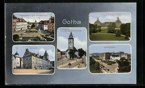 AK Gotha, Schlossberg u. Hauptmarkt, Arnoldiplatz, Neumarkt m. Margarethenkirche