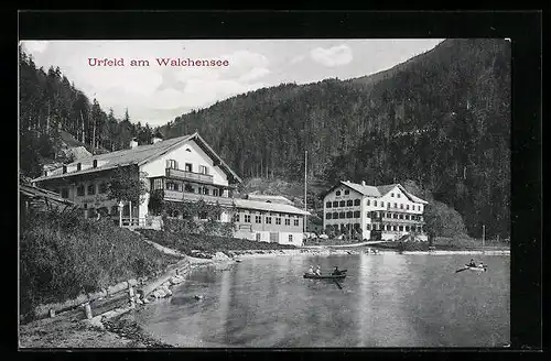 AK Urfeld am Walchensee, Szene mit Ruderbooten