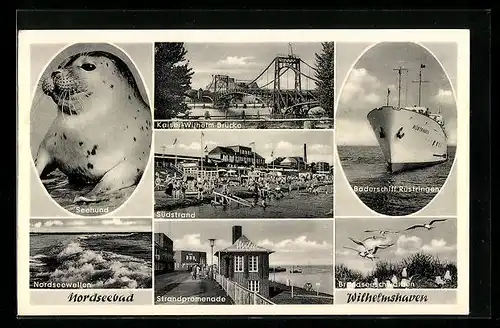 AK Wilhelmshaven, Strandpromenade, Kaiser-Wilhelm-Brücke und Bäderschiff Rüstringen