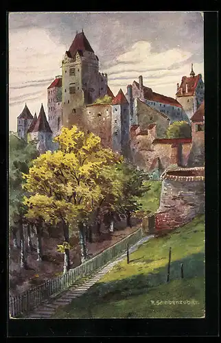 Künstler-AK Landshut, Blick auf Burg Trausnitz