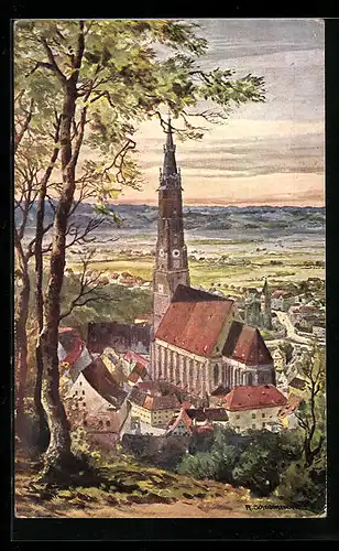 Künstler-AK Landshut, Blick auf St. Martinskirche