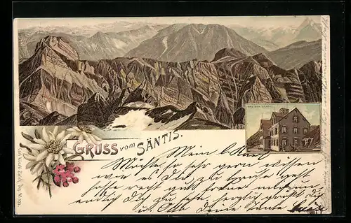 Lithographie Säntis, Gasthof Säntis mit Bergen