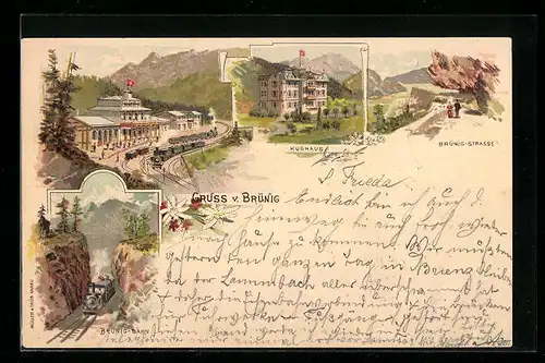 Lithographie Brünig, Kurhaus, Brünig-Bahn, Brünig-Strasse