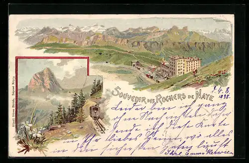 Lithographie Rochers de Naye, Ortsansicht mit Bahn