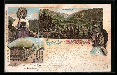 Lithographie Meiringen, Hotel zum Weissen Kreuz, Aareschlucht, Gesamtansicht