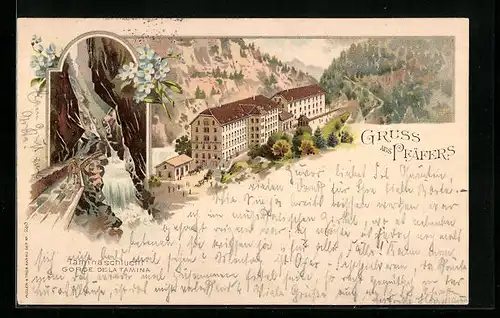 Lithographie Pfäfers, Taminaschlucht, Ortsansicht