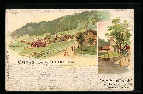 Lithographie Adelboden, Ortsansicht mit Bergen