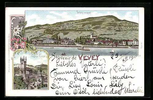 Lithographie Vevey, St. Martin & l`Eglise Russe, village la quai