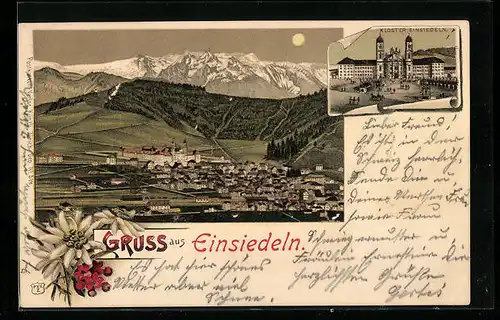 Lithographie Einsiedeln, Kloster Einsiedeln, Gesamtansicht