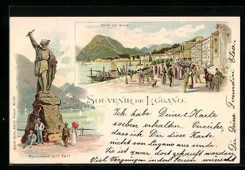 Lithographie Lugano, Sur le Quai, Monument Gme Tell