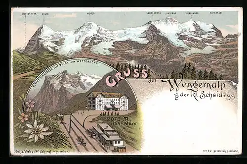 Lithographie Wengernalp, Kleine Scheidegg mit Blick auf Wetterhorn