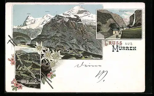 Lithographie Mürren, Mürrenbahn, Staubbach, Mönch, Eiger