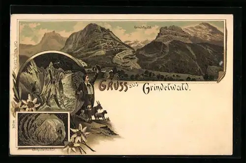 Lithographie Grindelwald, Gletscher u. Gletscherhöhle, Gesamtansicht