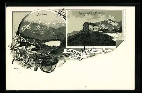 Lithographie Oberstdorf, Gasthaus auf dem Nebelhorn, Seealpsee