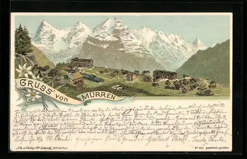 Lithographie Mürren, Ortsansicht mit Alpen
